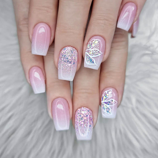 Pink Rose Artsy Bloom | Short Squoval Manicure | Press On Nails N785