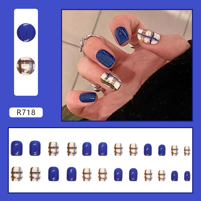 Sapphire Blue Checkerboard | Short Squoval Manicure | Press on Nails N020