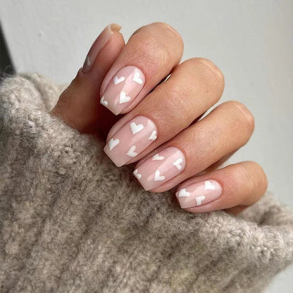 Nude Blush Hearts| Short Squoval Manicure | Press On Nails N341