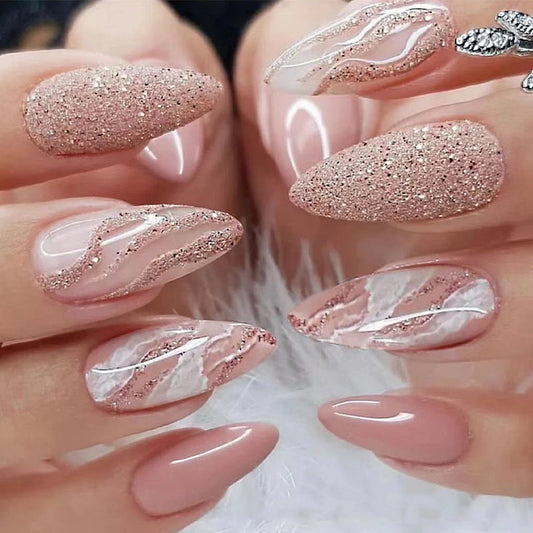 Sparkling Pink Swirl| Medium Almond Manicure | Press On Nails N348