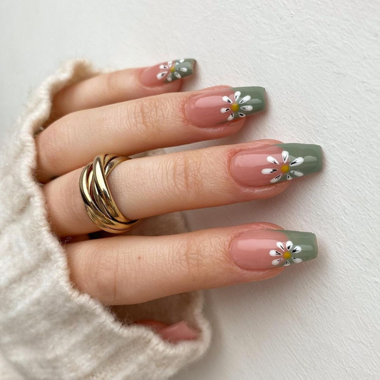 Green Florial Coffin Nails