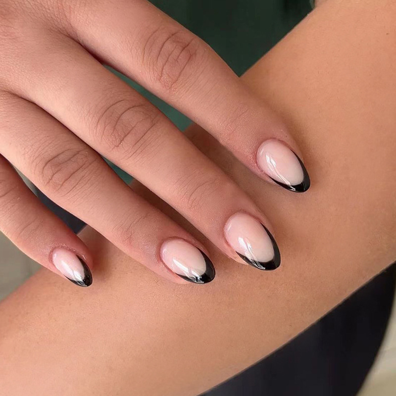 Black French Tip Oval Short Nails