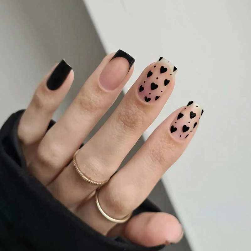 Black Heart French Tip Short Square Nails