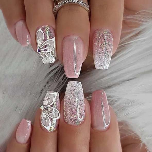 Glitter Pink Ombre Butterfly Nails