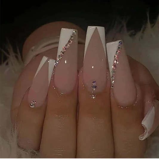 Rhinestones Glossy V French Coffin Nails