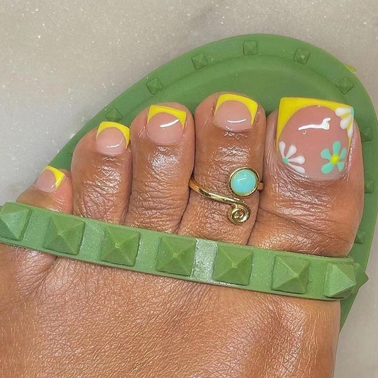 Flower Yellow French Tip Toe Nails