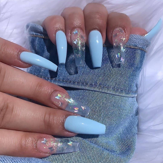 Sky Blue Butterfly Coffin Nails