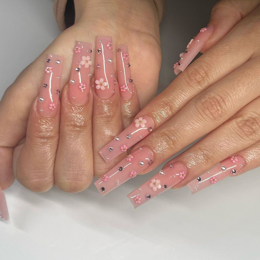 Pink Flower Rhinestone Pearl Long Nails