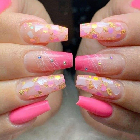 Seashell Rhinestones Glitter Pink Long Coffin Nails