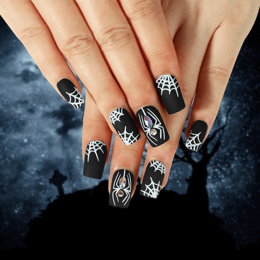 Matte Black Spider and Net Short Halloween Press On Nails