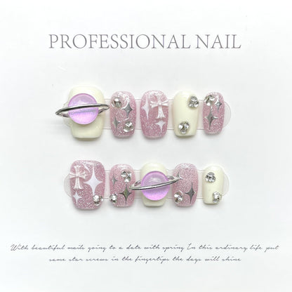 Pink Sparkle | Short Squoval Manicure | Handmade Press On Nails H397