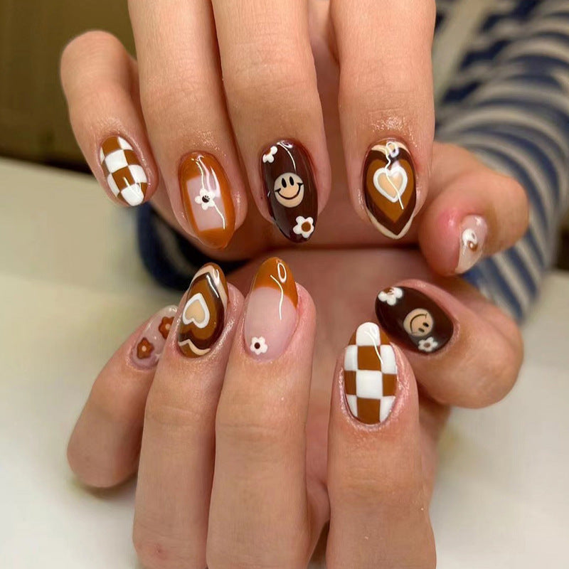 Retro Brown Happy Face| Short Almond Manicure | Press On Nails N415