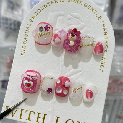 Lovely Strawberry Bear | Short Squoval Manicure | Handmade Press On Nails H100