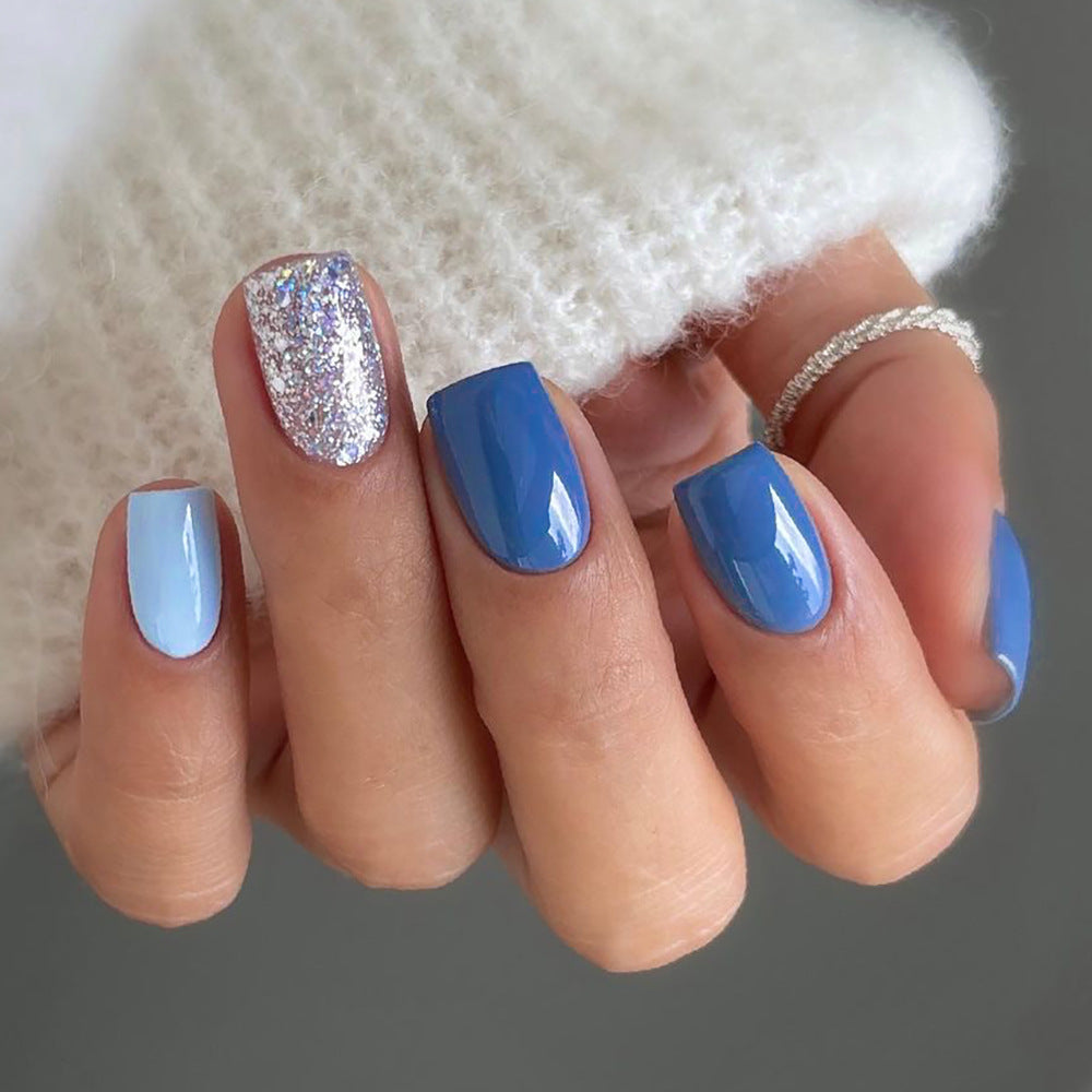 Sapphire Blue Checkerboard | Short Squoval Manicure | Press on Nails N020 Glitter