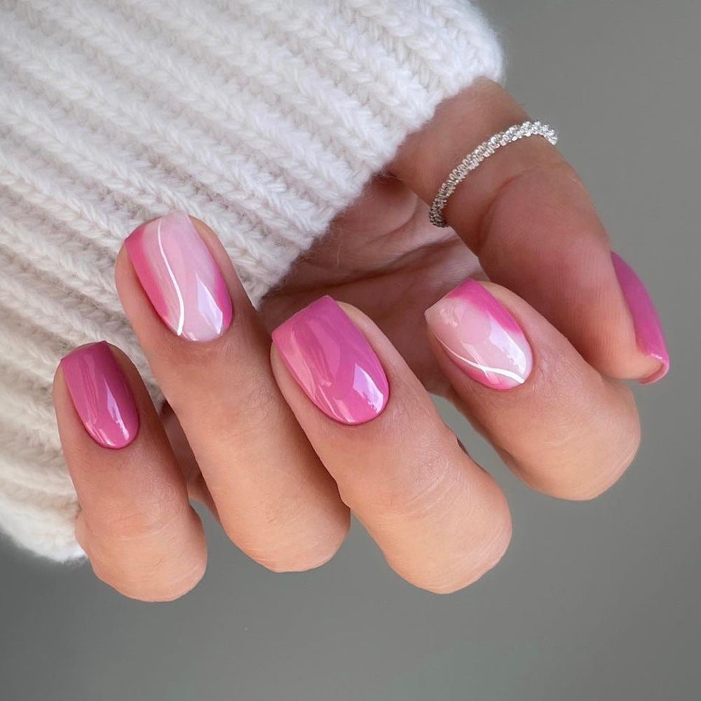 Rosy Berry Swirl| Short Squoval Manicure | Press On Nails N648 Bright Pink