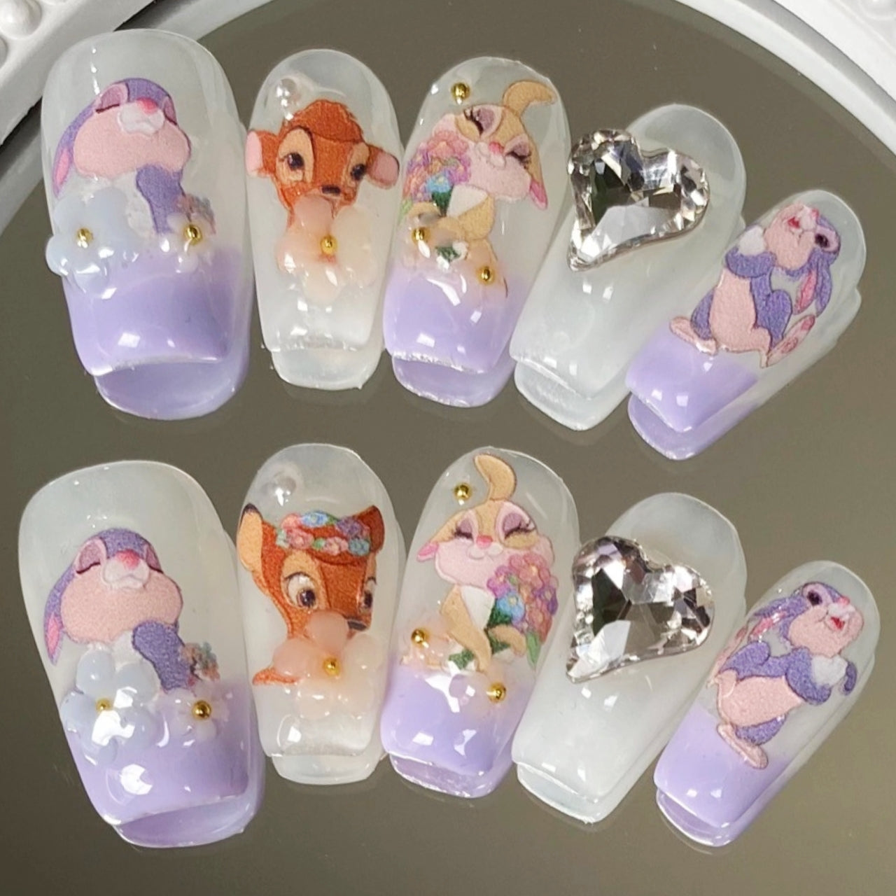 Lilac Deer Bambi Accents | Short Squoval Manicure | Handmade Press On Nails H22