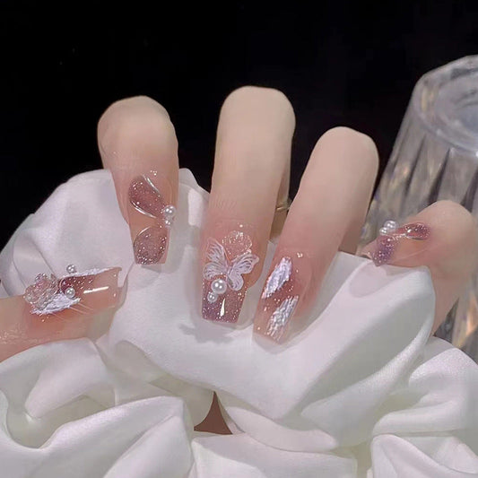 Dolce Pink Butterfly | Long Coffin Manicure | Press on Nail