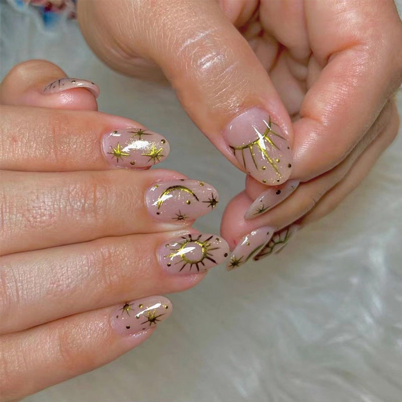 Gilded Sun & Moon | Short Almond Manicure | Press On Nails N396 Gold