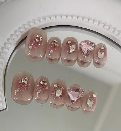 Pink LOVE |Short Squoval Manicure |Handmade Press On Nails H2 Diamond