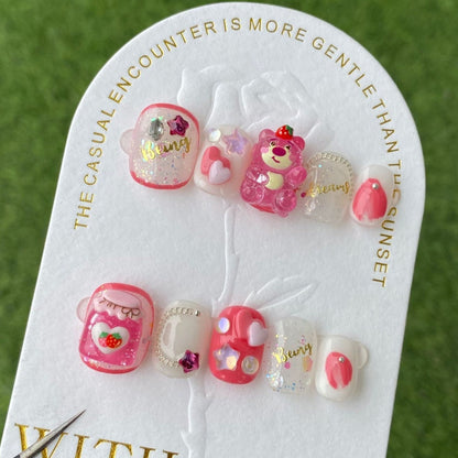 Lovely Strawberry Bear | Short Squoval Manicure | Handmade Press On Nails H100