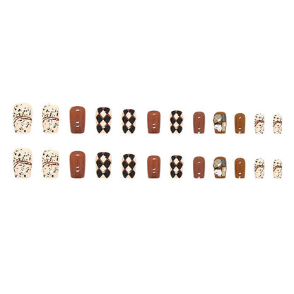 Fancy Rhinestone Brown Checkerboard| Short Squoval Manicure | Press On Nail