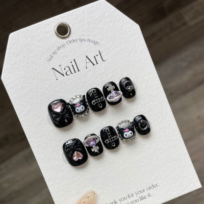 Noir Cosmic Kuromi| Short Squoval Manicure | Handmade Press On Nails H257