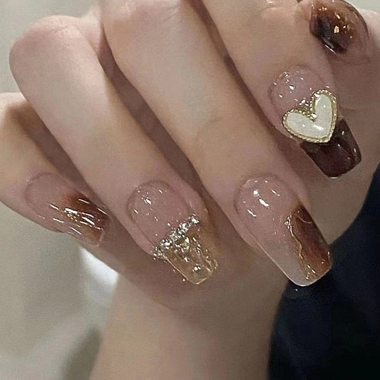 Caramel Ombre Heart Diamond| Long Coffin Manicure | Press On Nail