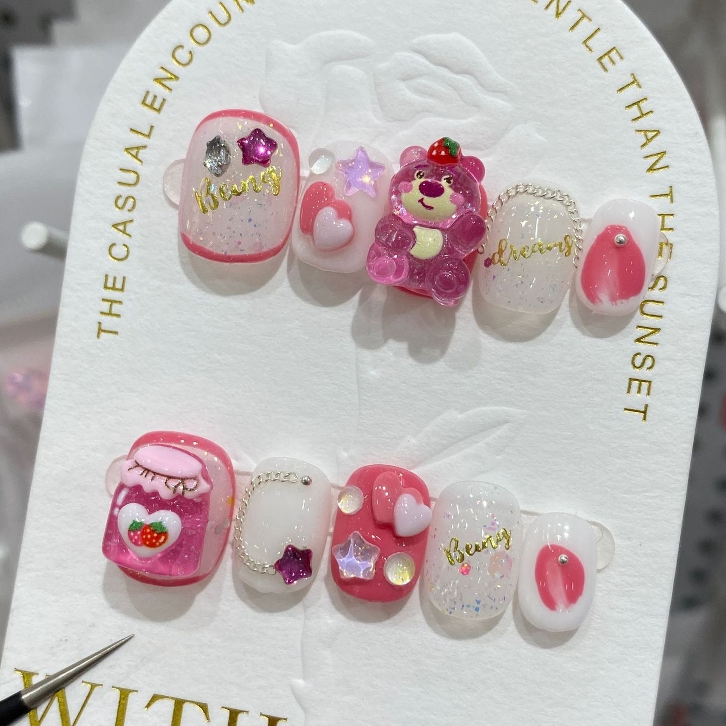 Lovely Strawberry Bear | Short Squoval Manicure | Handmade Press On Nails H100 berry