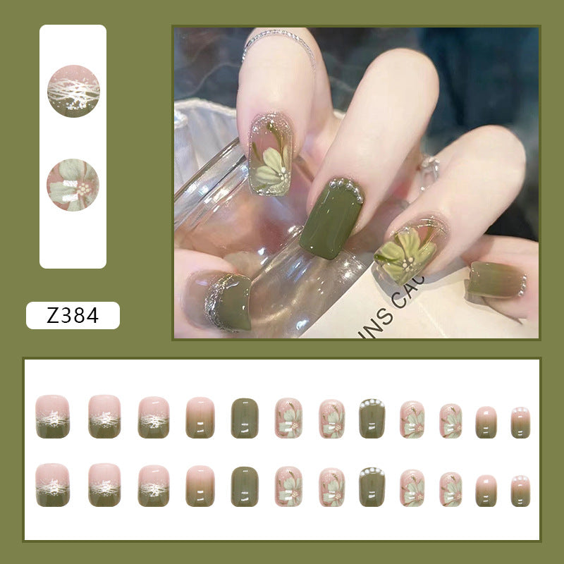 Simple Green flowers | Short Squoval Manicure | Press On Nail Z384