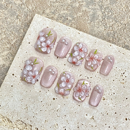 Dazzling Elegance in Blooms | Short Squoval Manicure | Handmade Press On Nails H327