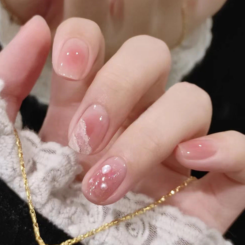 Peach Pink Pearl | Short Squoval Manicure | Press On Nail