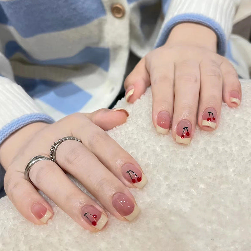 Cherry French| Short Squoval Manicure | Press On Nail