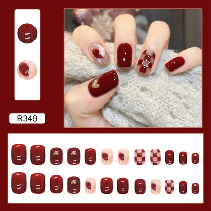 Crimson Red Heart Brush | Short Squoval Manicure | Press On Nail