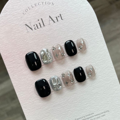 Stellar Charm| Short Squoval Manicure | Handmade Press On Nails H26 Black