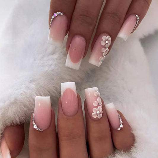 Pink Flower White French| Medium Squoval Manicure | Press on Nails N594 Flowers