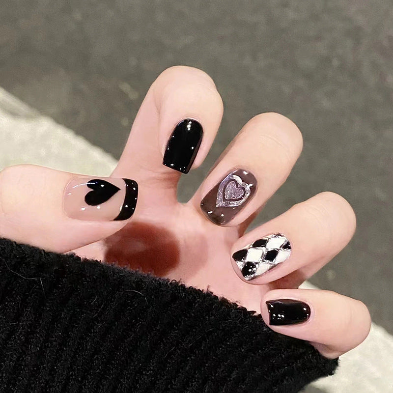 Black Heart Checkerboard | Short Squoval Manicure | Press On Nail