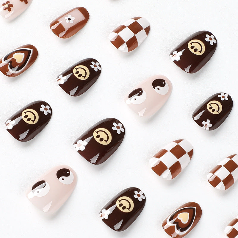 Retro Brown Happy Face| Short Almond Manicure | Press On Nails N415