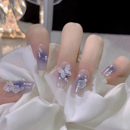 Crystal Butterfly | Long Coffin Manicure | Press On Nail