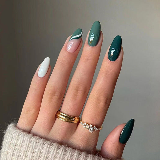 Evergreen Swirl | Medium Almond Manicure | Press On Nails N642