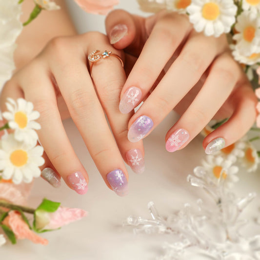 Frosty Wonderland Glam | Short Almond Manicure | Press On Nails N487 Colorful Snow