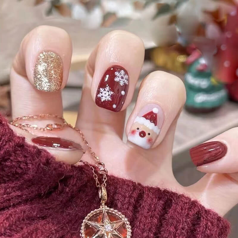 Santa Snowflake Gold Glitter Red Christma Press On Nails Short