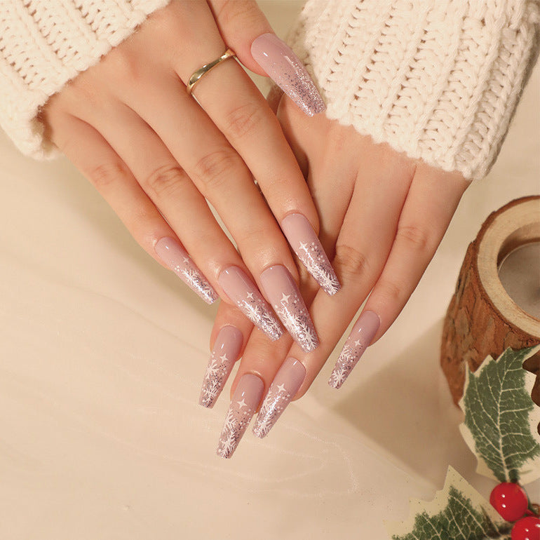 24Pcs/Box Short Square Press On Nails Christmas Gift Snow Snowflake Designer Acrylic Reusable Fake Nails Tips JP1903