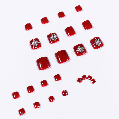 24pcs/box Nail Art Red Short Square Toe Nails Pink Fashion Rhinestones Press On Nails Tips