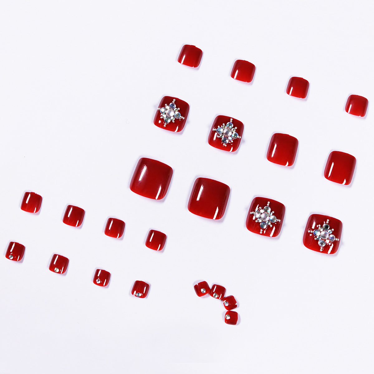 24pcs/box Nail Art Red Short Square Toe Nails Pink Fashion Rhinestones Press On Nails Tips