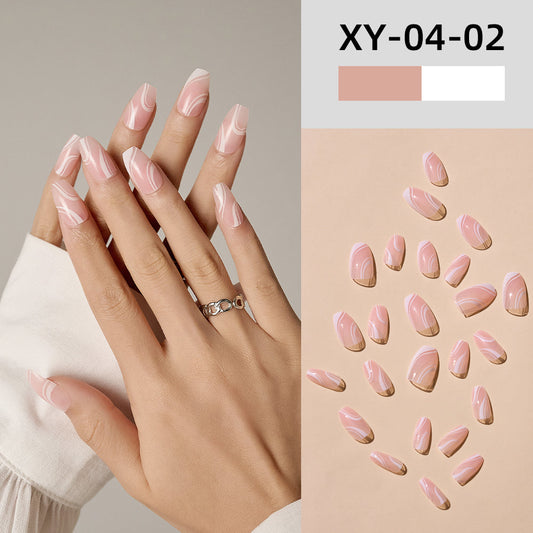 Pink Nail Beauty Press On Nails For Women Full Covering Acrylic Short Coffin French Geometric Line Design Cute Fake Nails 1