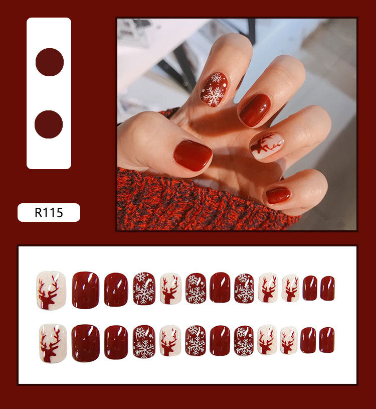 24Pcs/Box Short Square Press On Nails Christmas Gift Snow Snowflake Designer Acrylic Reusable Fake Nails Tips R115