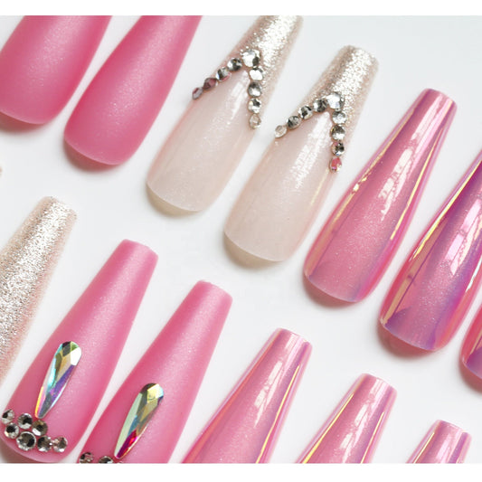 Press On Nails With Rhinestones False Nails Marbling Design Decorated Fingernail Artificial Nail Tip