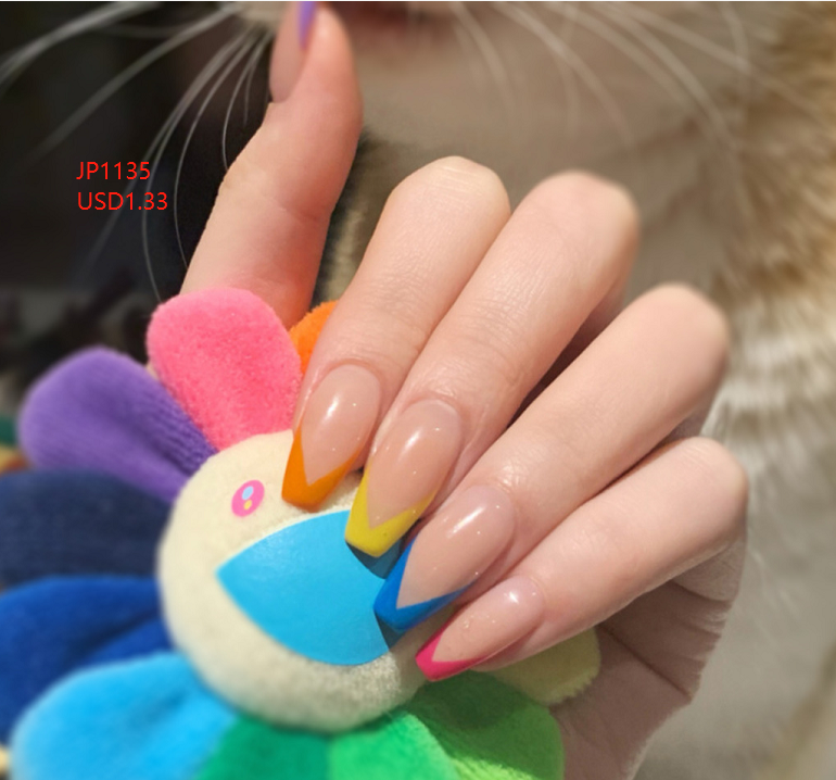 Find a supplier press on nails pink blue green black gold short white nails press on luxury short JP1135