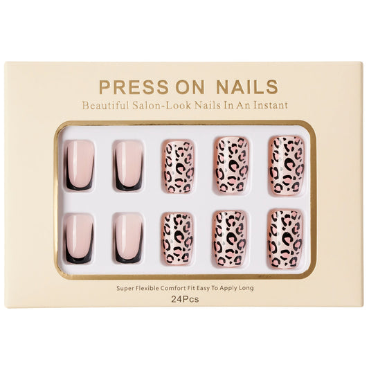 wholesale vendor 24Pcs shortSquare Style with leopard&heart pattern Designer Acrylic Press On False Nails Set 2