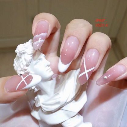 Find a supplier press on nails pink blue green black gold short white nails press on luxury short JP937